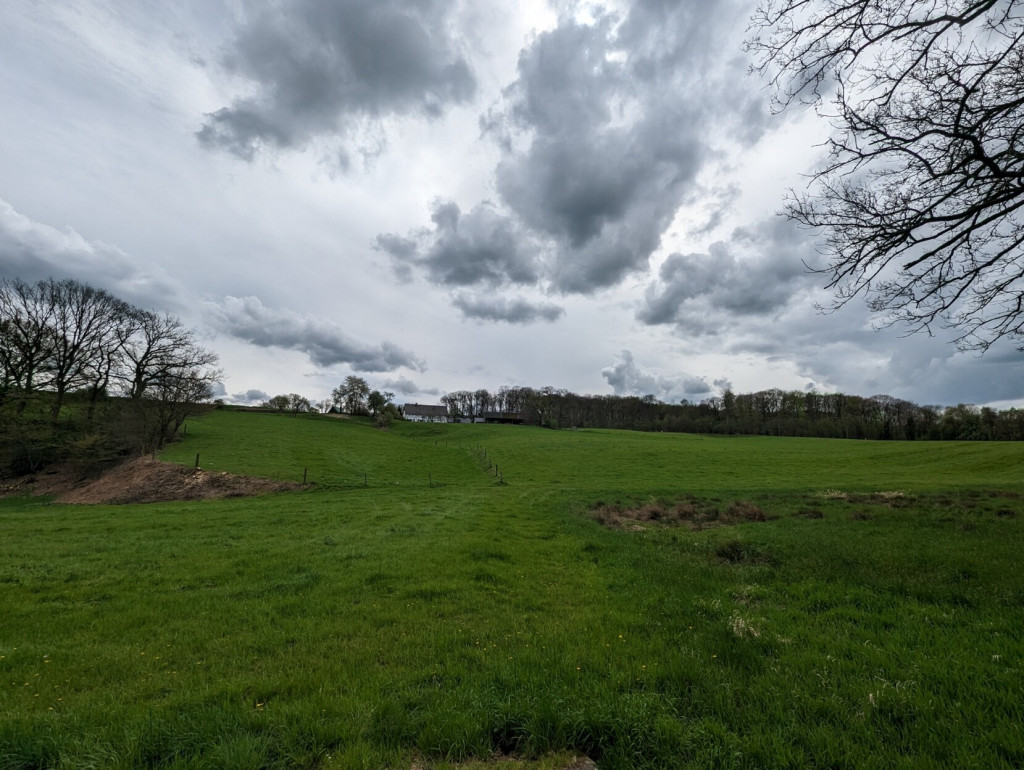Blick aus dem Tal nach oben über ein grünes Feld auf ein Bauernhaus