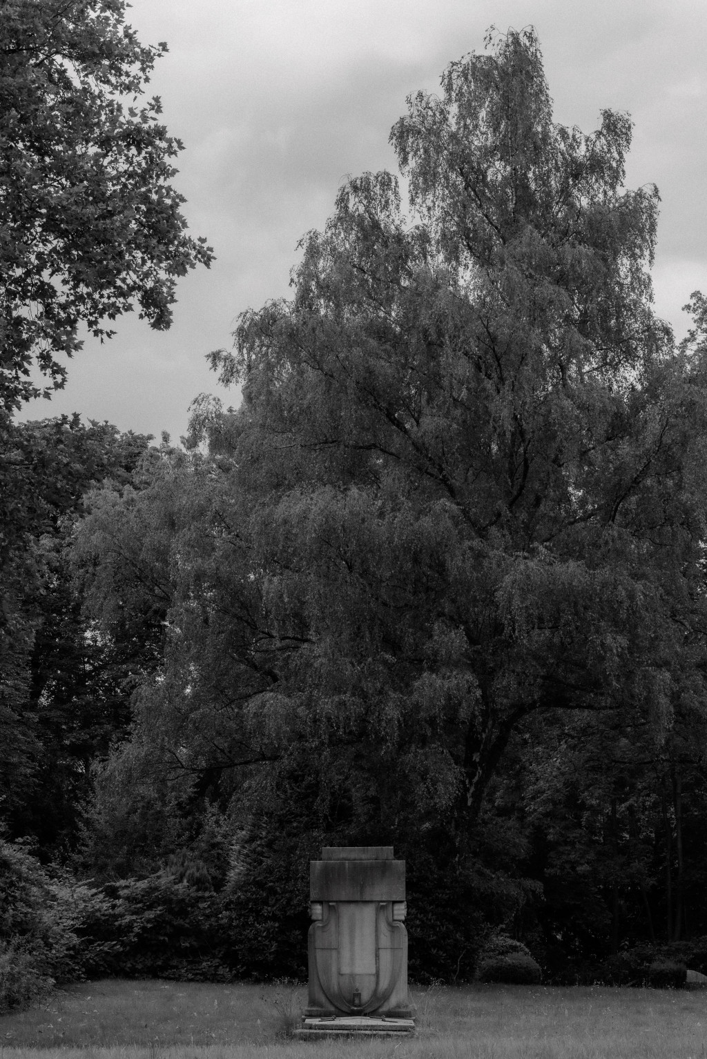 Schwarzweiß Foto eines Grabsteins auf einer Wiese. Dahinter Bäume und ein bisschen Himmel.